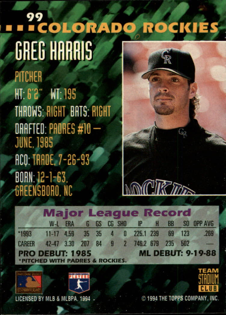 1994 Stadium Club Team #99 Greg W. Harris back image