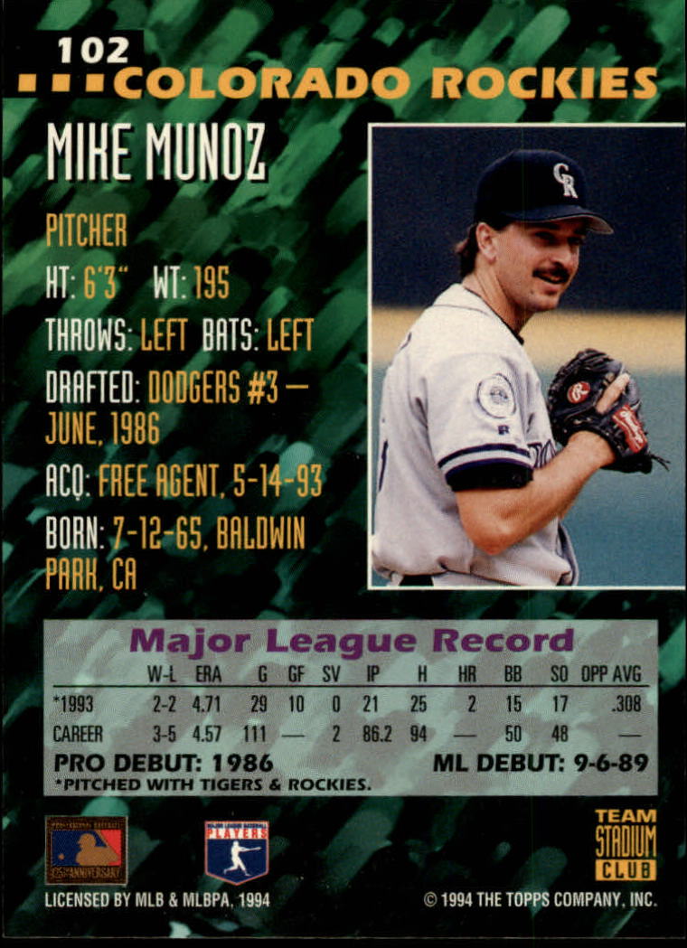1994 Stadium Club Team #102 Mike Munoz back image