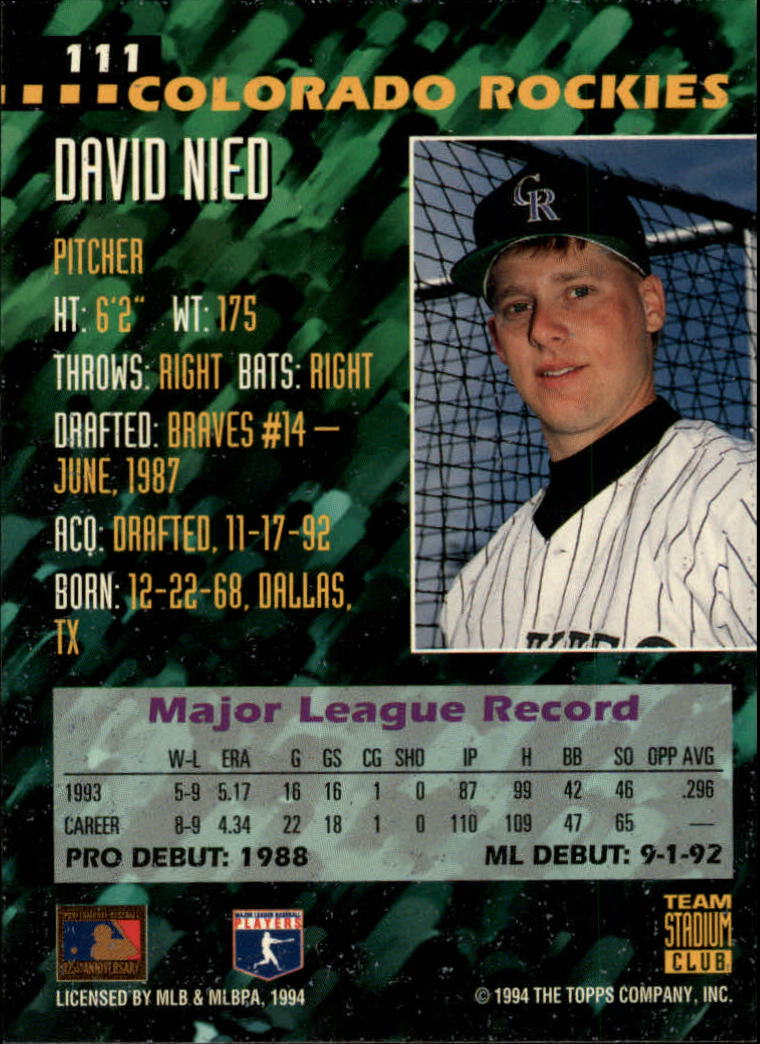 1994 Stadium Club Team #111 David Nied back image