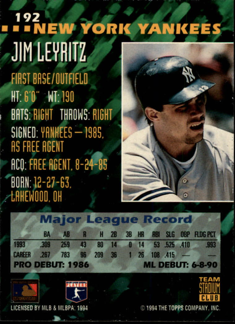 1994 Stadium Club Team #192 Jim Leyritz back image