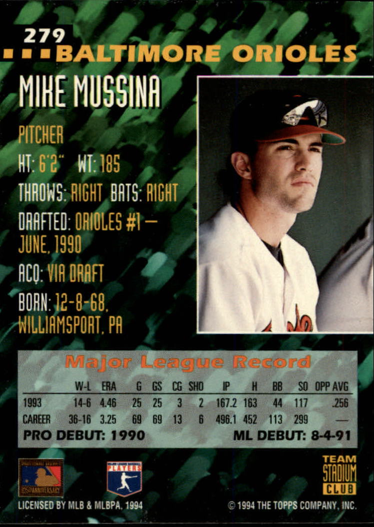 1994 Stadium Club Team #279 Mike Mussina back image