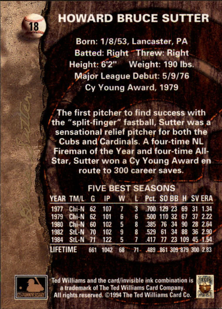 1994 Ted Williams #18 Bruce Sutter back image