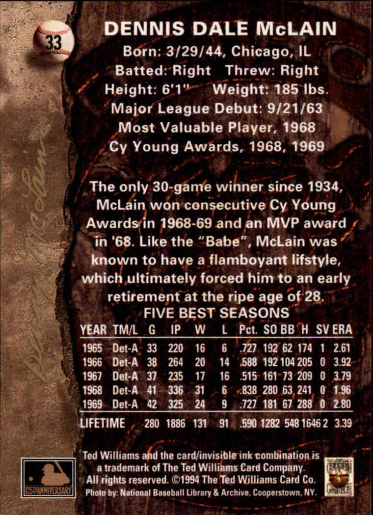 1994 Ted Williams #33 Dennis McLain back image