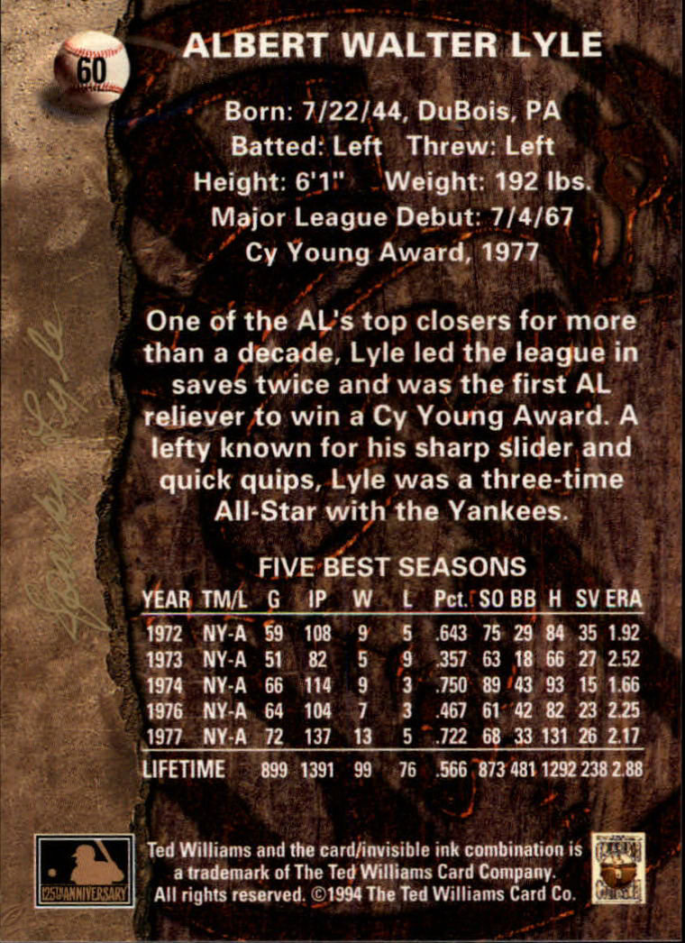 1994 Ted Williams #60 Sparky Lyle back image