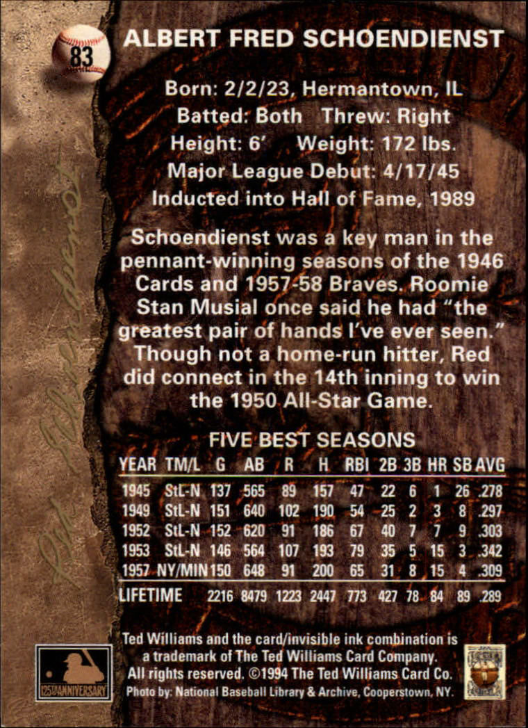1994 Ted Williams #83 Red Schoendienst back image
