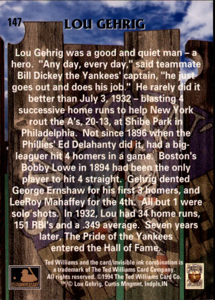 1994 Ted Williams #147 Lou Gehrig back image