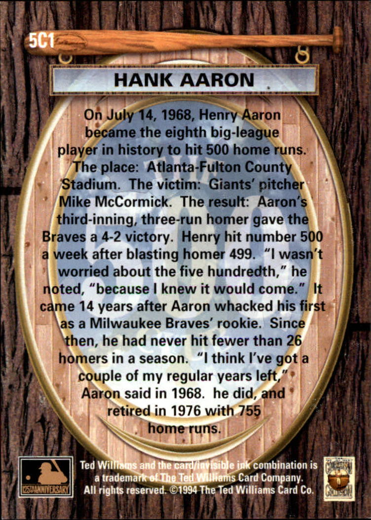 1994 Ted Williams 500 Club #1 Hank Aaron back image