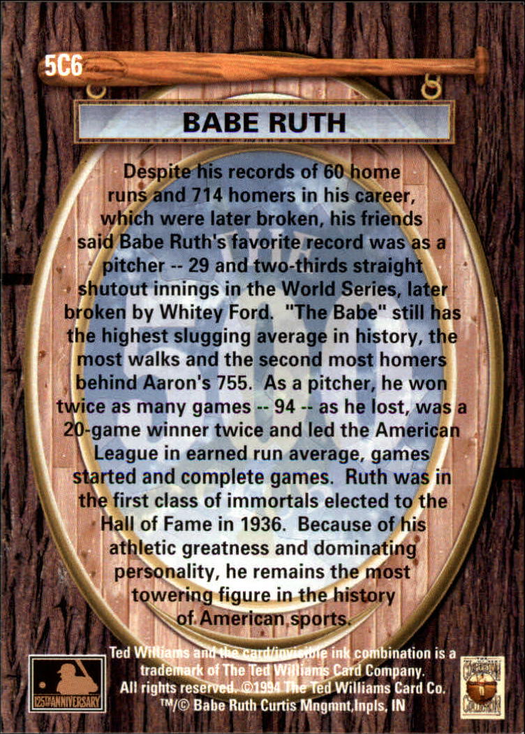 1994 Ted Williams 500 Club #6 Babe Ruth back image