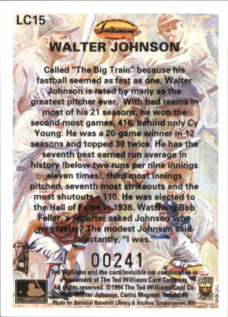 1994 Ted Williams Locklear Collection #LC15 Walter Johnson back image
