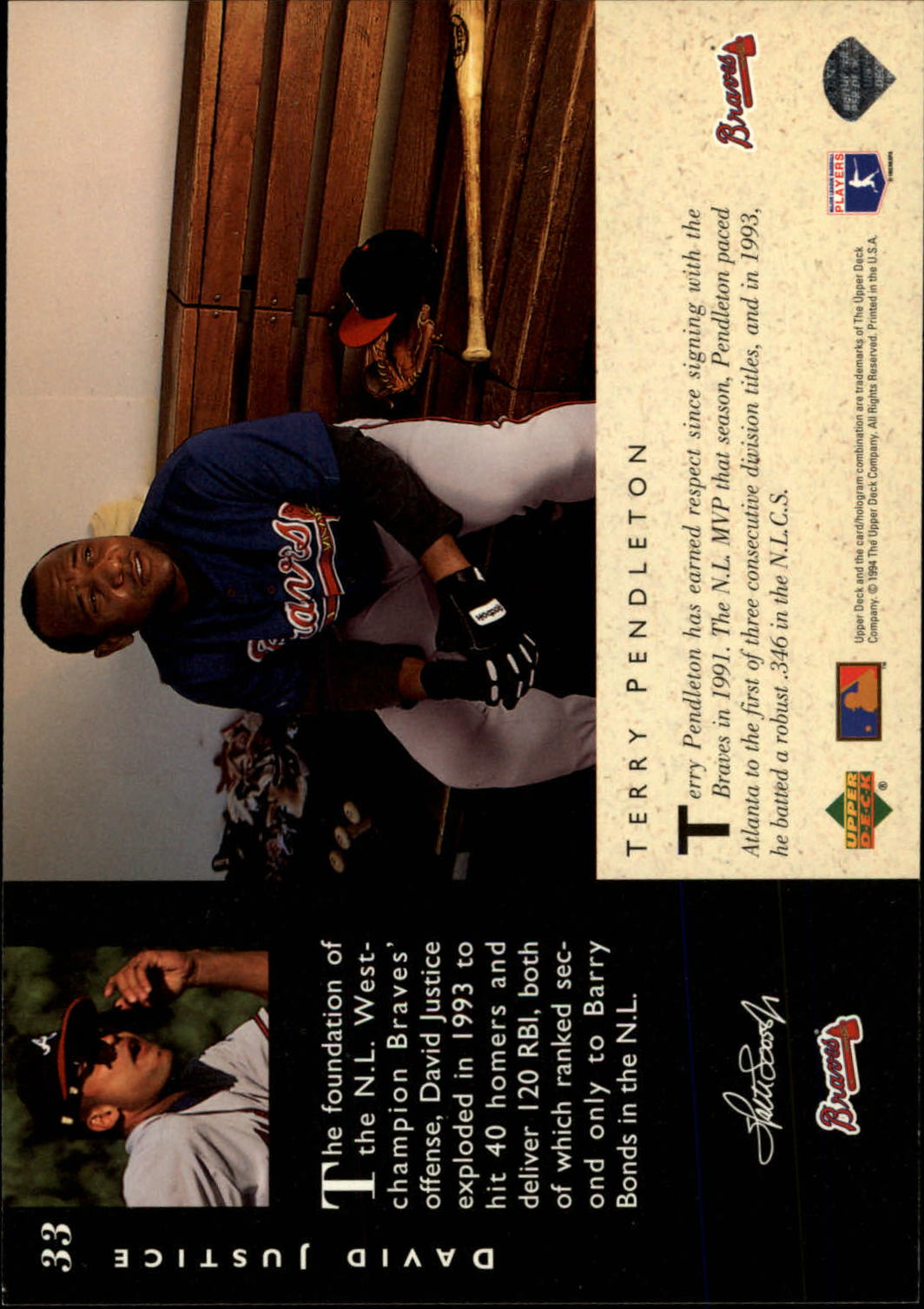 1994 Upper Deck All-Star Jumbos #33 David Justice/Terry Pendleton back image