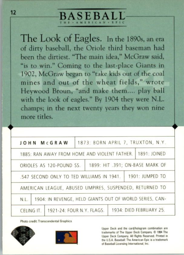 1994 Upper Deck: The American Epic #12 John McGraw back image