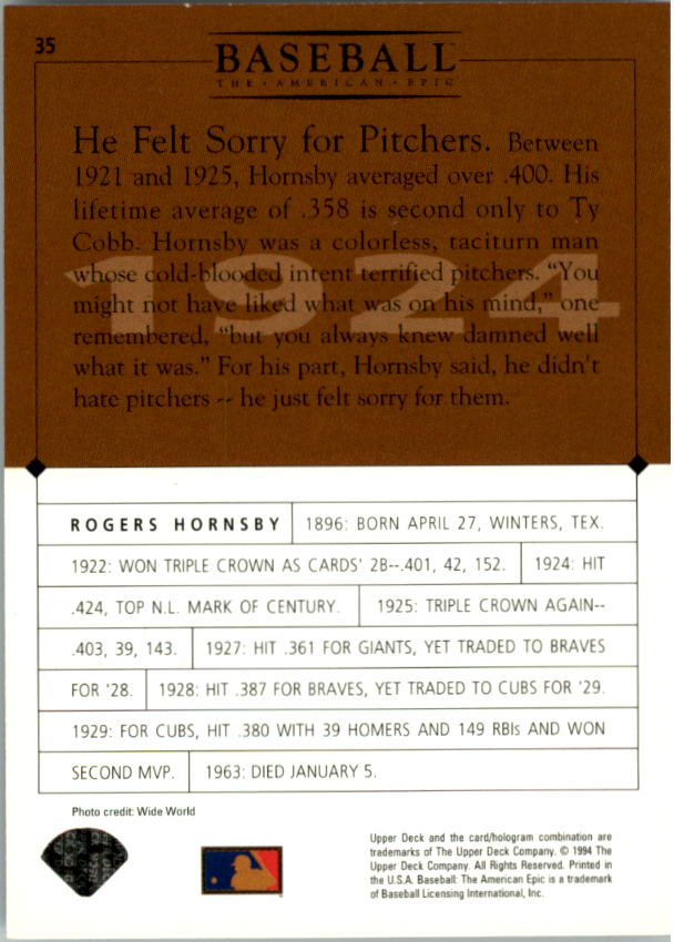 1994 Upper Deck: The American Epic #35 Rogers Hornsby back image