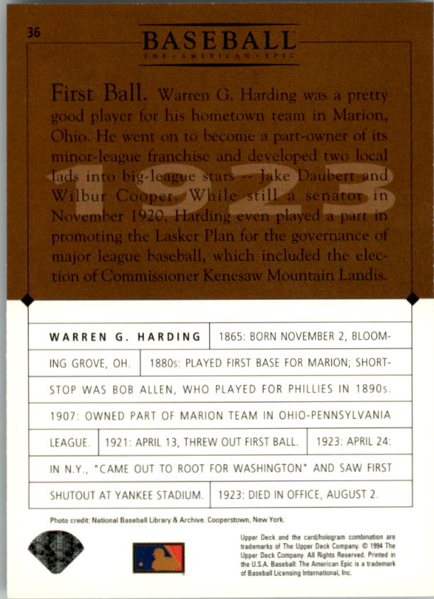 1994 Upper Deck: The American Epic #36 Warren G. Harding back image