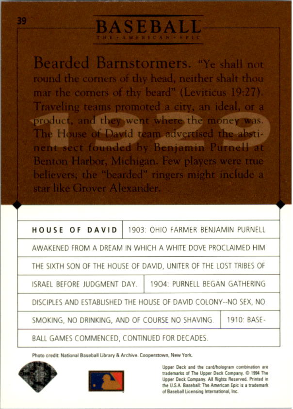 1994 Upper Deck: The American Epic #39 House of David back image