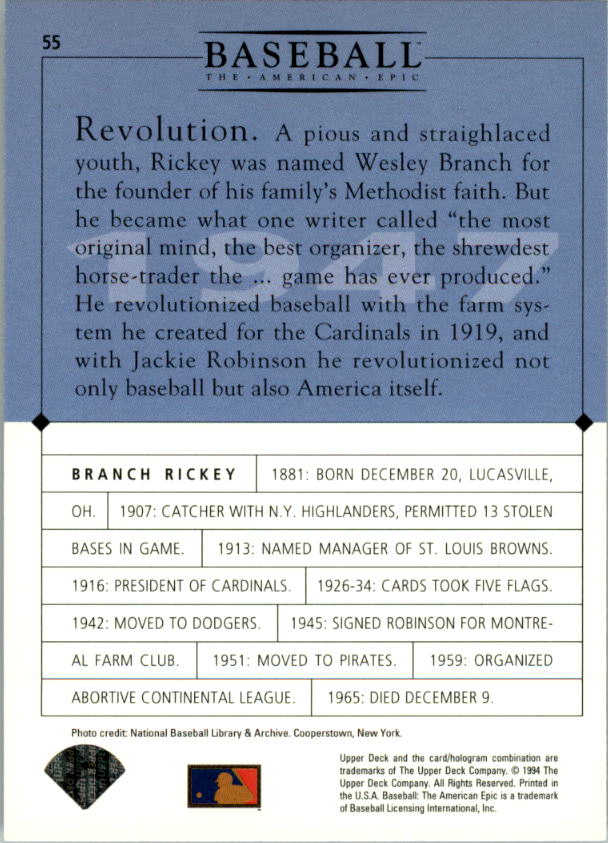1994 Upper Deck: The American Epic #55 Branch Rickey back image