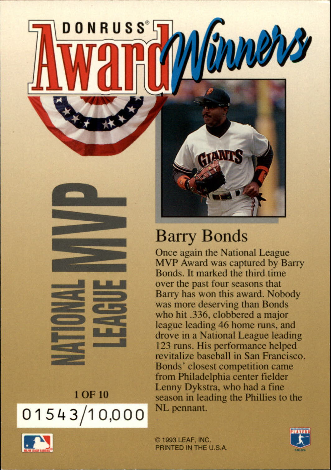 1994 Donruss Award Winner Jumbos #1 Barry Bonds back image