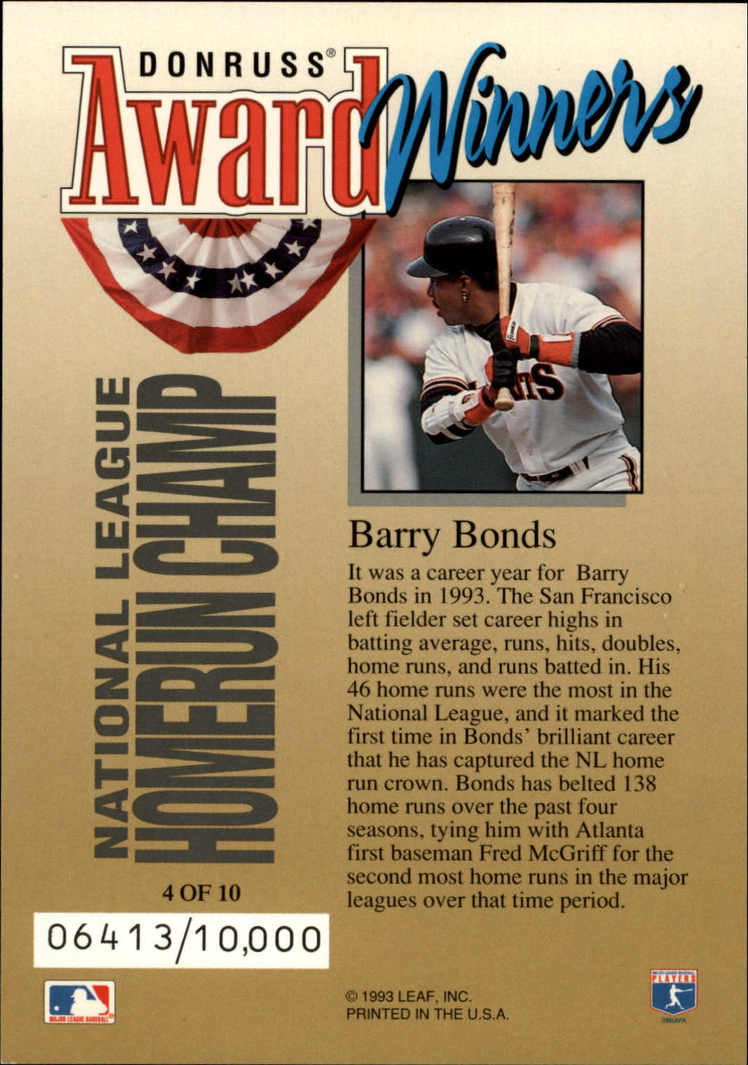 1994 Donruss Award Winner Jumbos #4 Barry Bonds back image