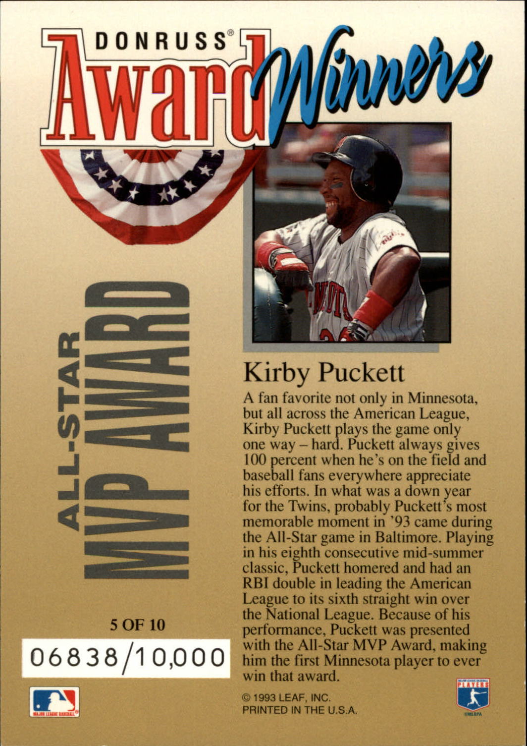 1994 Donruss Award Winner Jumbos #5 Kirby Puckett back image