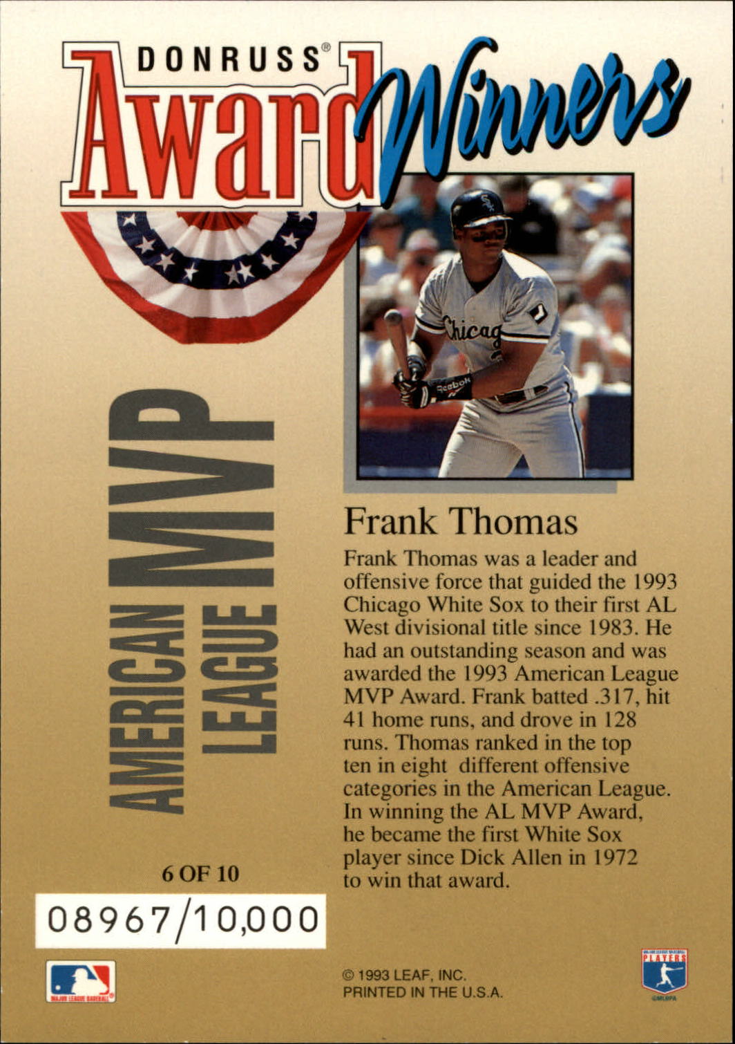 1994 Donruss Award Winner Jumbos #6 Frank Thomas back image