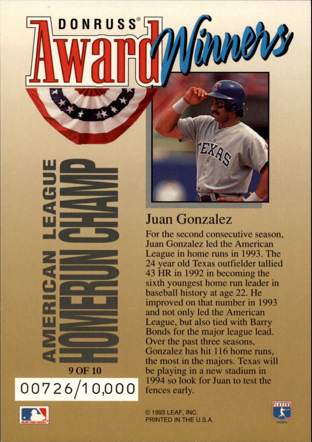 1994 Donruss Award Winner Jumbos #9 Juan Gonzalez back image