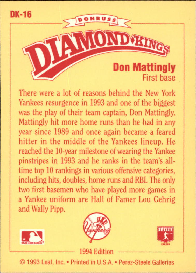1994 Donruss Diamond Kings #DK16 Don Mattingly back image