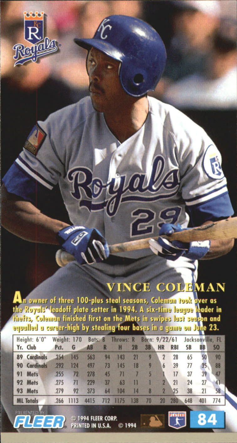 1994 Fleer Extra Bases #84 Vince Coleman back image