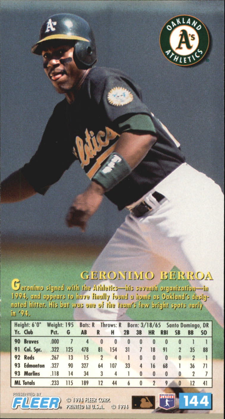 1994 Fleer Extra Bases #144 Geronimo Berroa back image