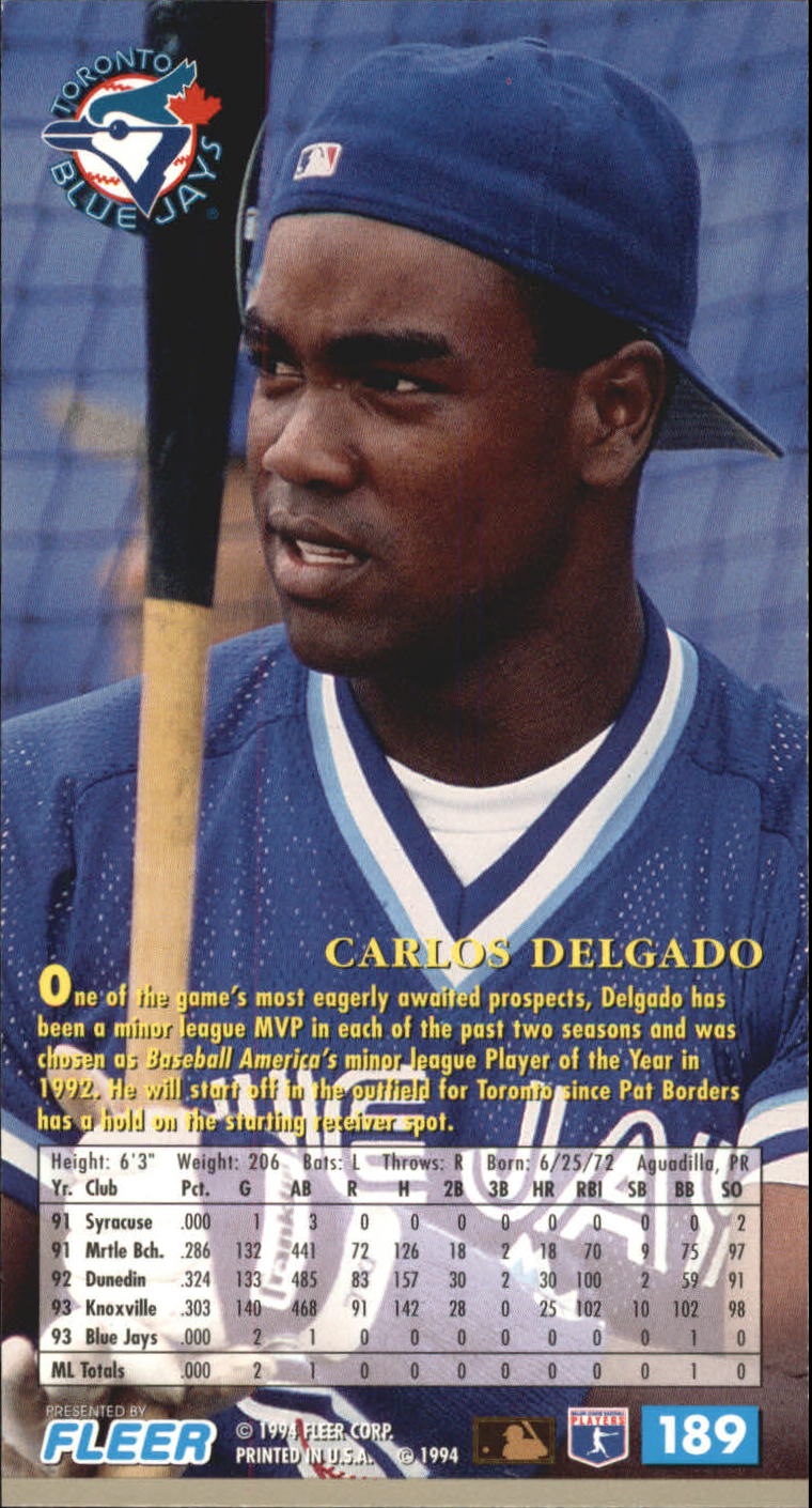 1994 Fleer Extra Bases #189 Carlos Delgado back image