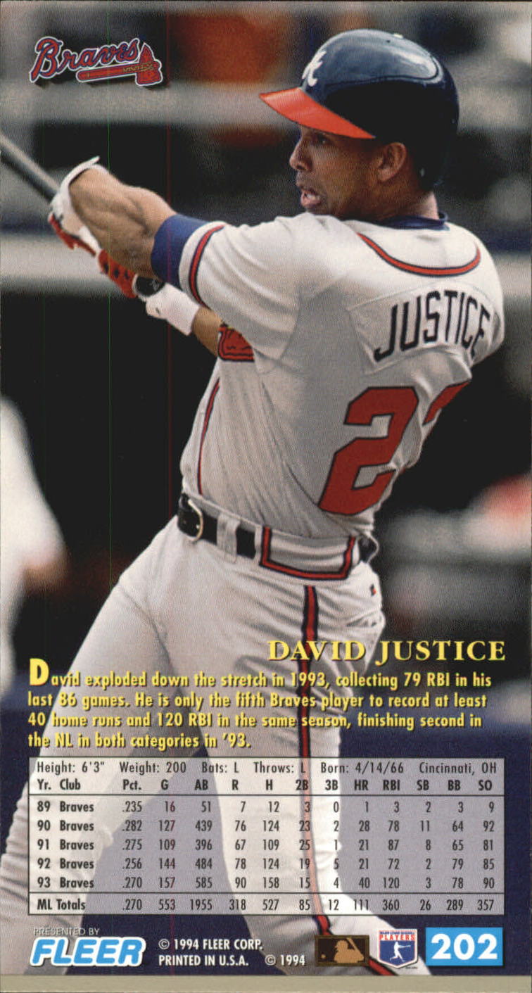 1994 Fleer Extra Bases #202 David Justice back image