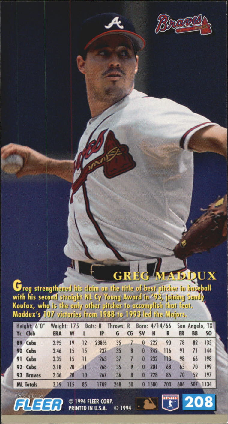 1994 Fleer Extra Bases #208 Greg Maddux back image