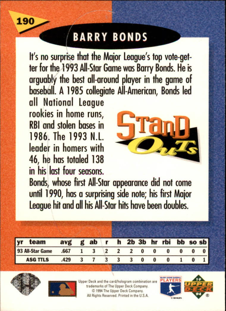 1994 Fun Pack #190 Barry Bonds STA back image