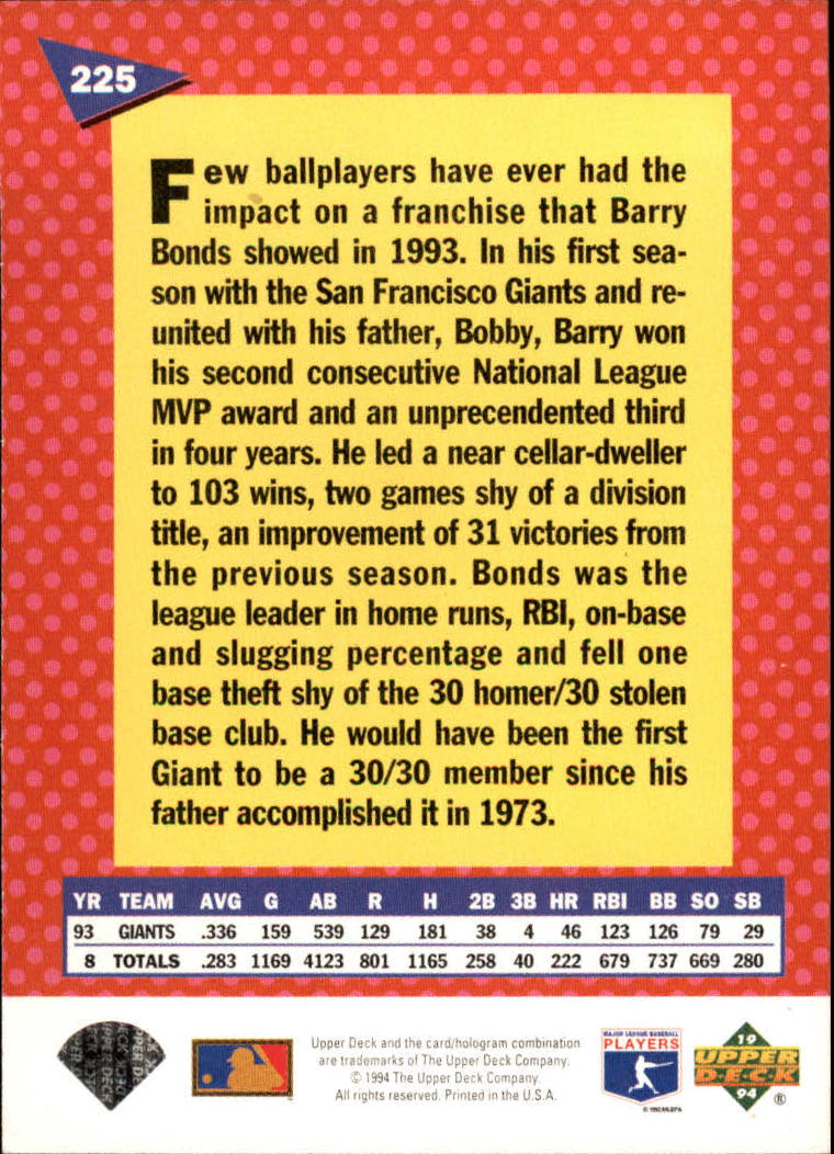 1994 Fun Pack #225 Barry Bonds FOLD back image