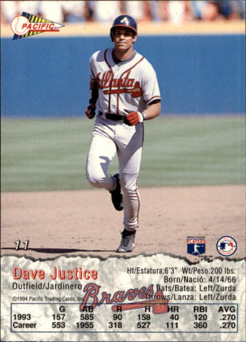 1994 Pacific #11 David Justice back image