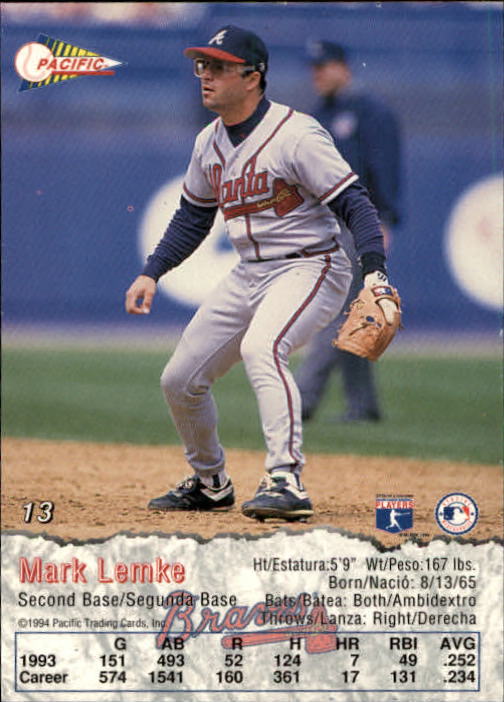 1994 Pacific #13 Mark Lemke back image