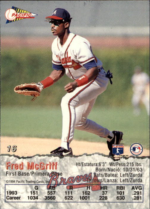 1994 Pacific #16 Fred McGriff back image