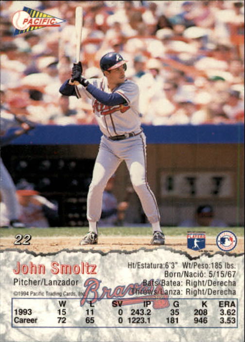 1994 Pacific #22 John Smoltz back image