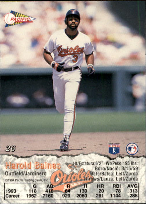 1994 Pacific #26 Harold Baines back image
