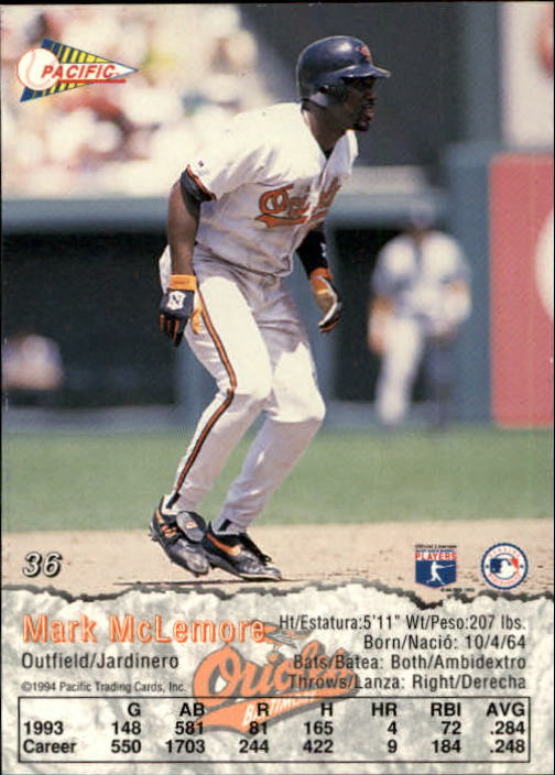 1994 Pacific #36 Mark McLemore back image