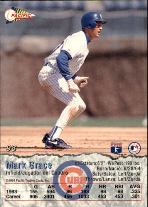 1994 Pacific #98 Mark Grace UER/(stats have 98 home runs in 1993;# back image
