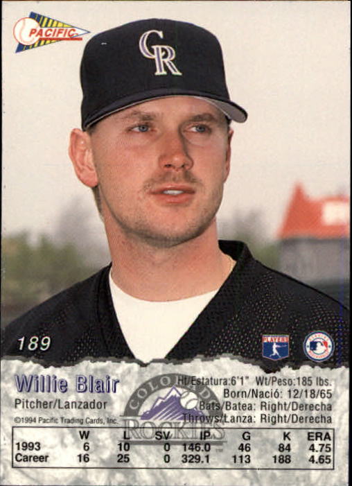 1994 Pacific #189 Willie Blair back image