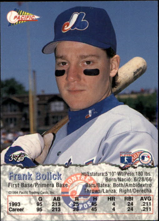 1994 Pacific #375 Frank Bolick back image