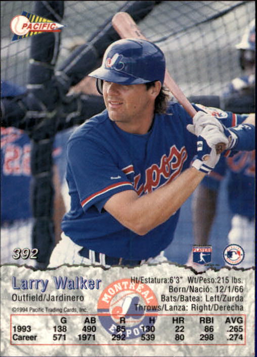 1994 Pacific #392 Larry Walker back image