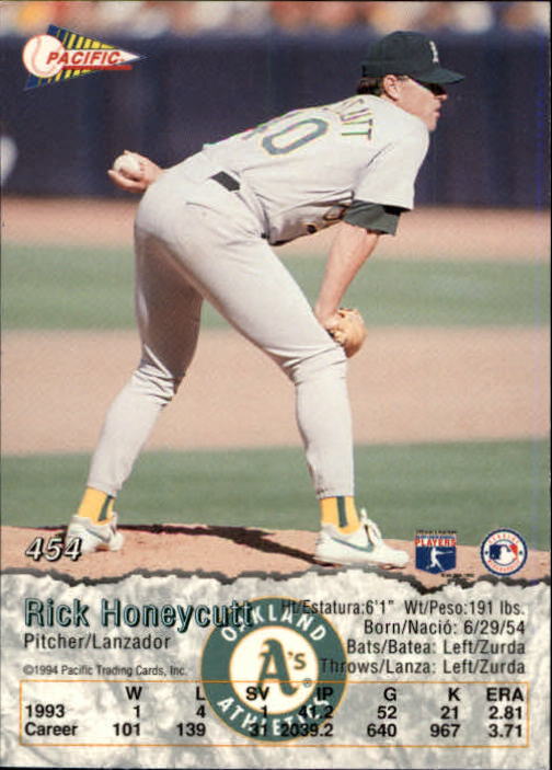 1994 Pacific #454 Rick Honeycutt back image
