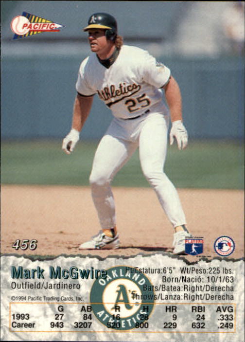 1994 Pacific #456 Mark McGwire back image