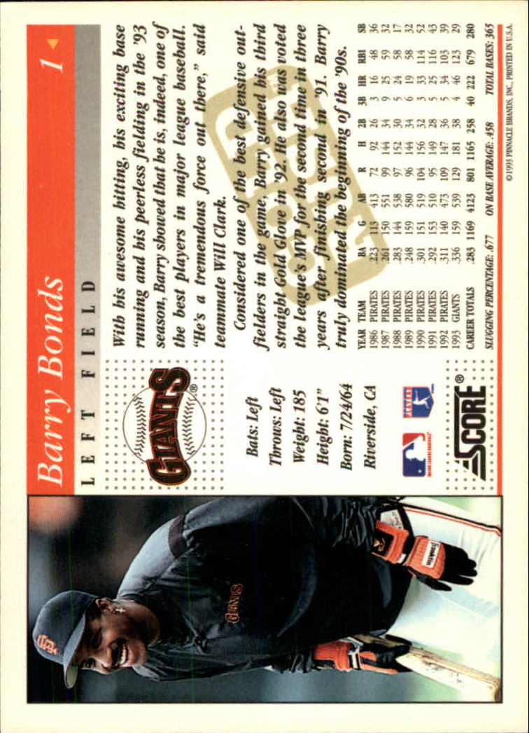 1994 Score Gold Rush #1 Barry Bonds back image