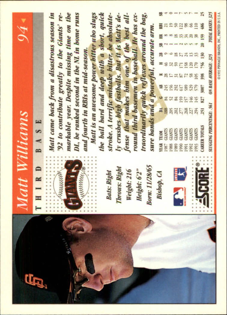 1994 Score Gold Rush #94 Matt Williams back image