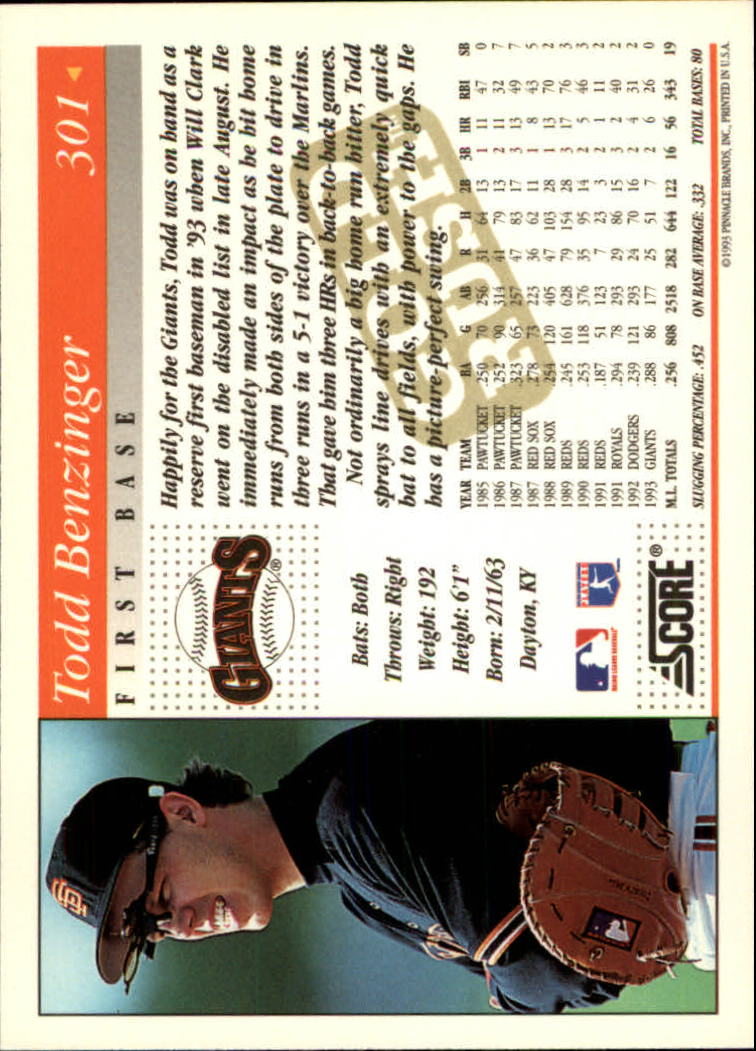 1994 Score Gold Rush #301 Todd Benzinger back image