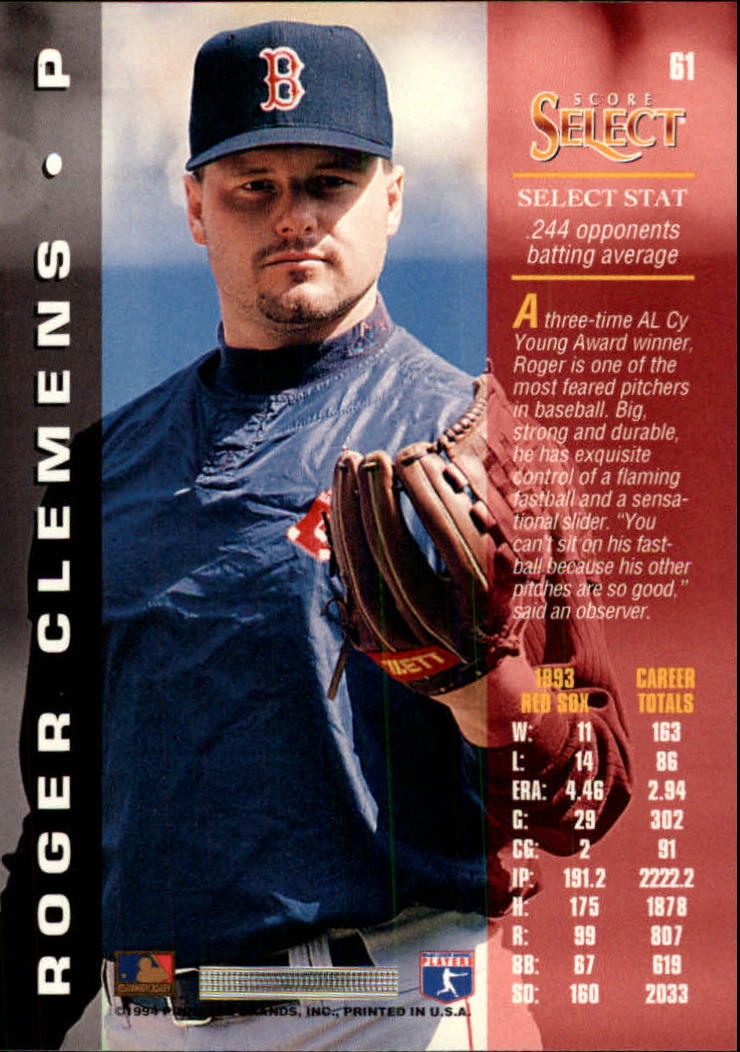 1994 Select #61 Roger Clemens back image