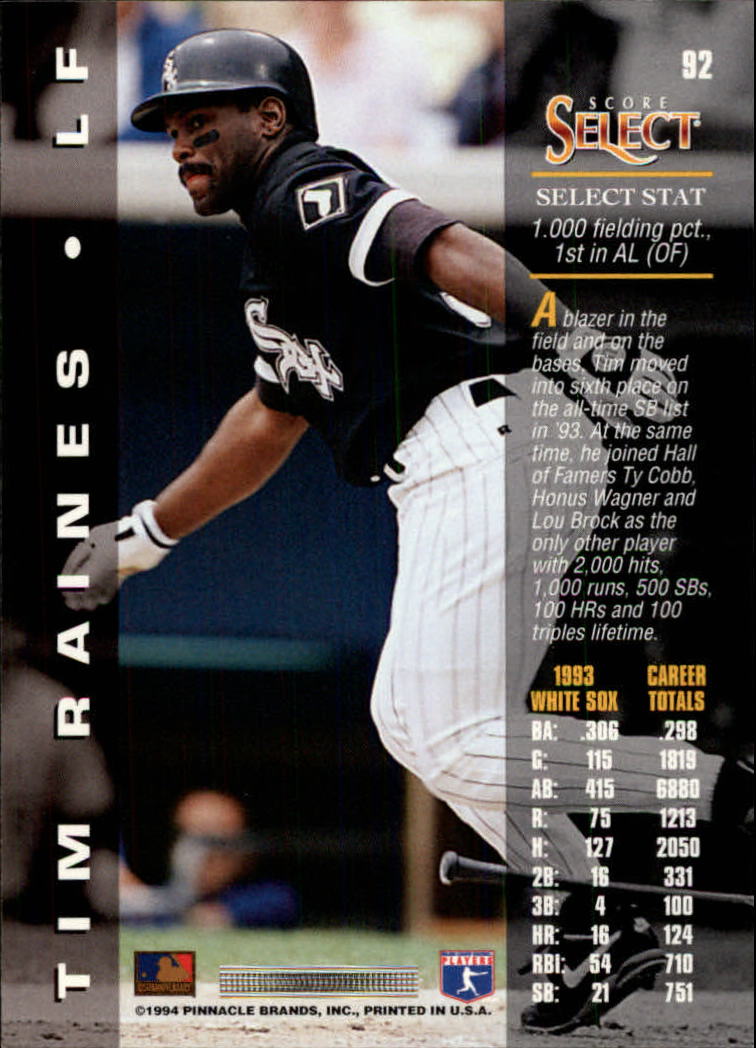 1994 Select #92 Tim Raines back image