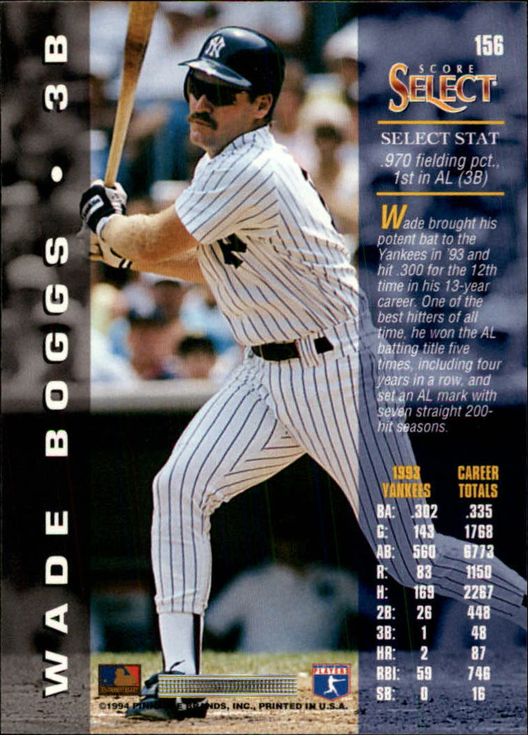 1994 Select #156 Wade Boggs back image